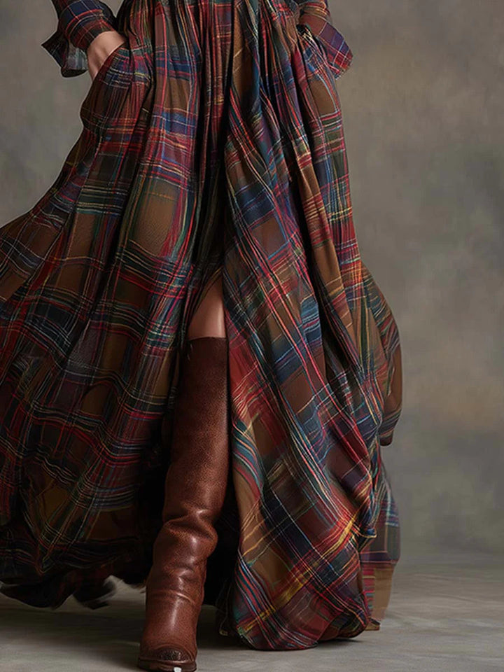 Beatriz – Vestido largo elegante de cuadros con cinturón