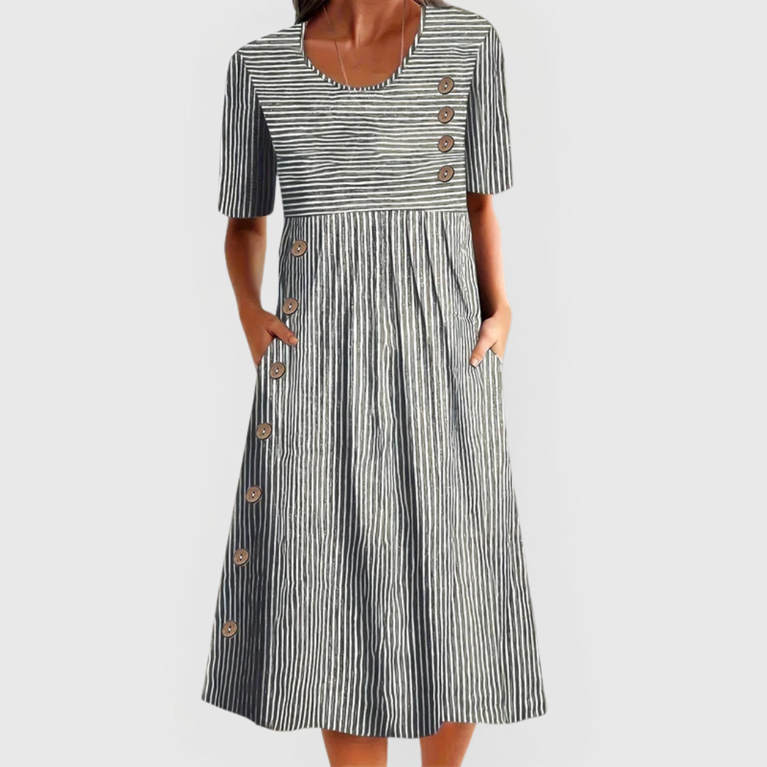 Sofía – Vestido midi rayas verticales con bolsillos