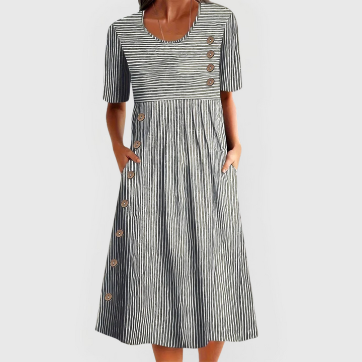 Sofía – Vestido midi rayas verticales con bolsillos