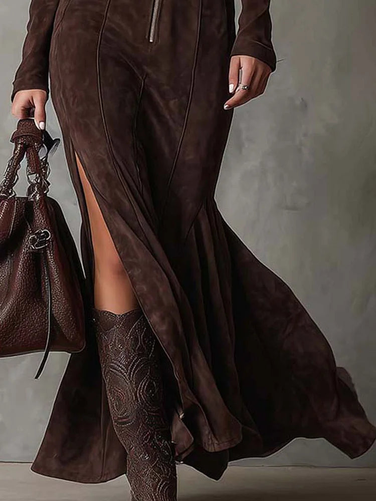 Marisol – Vestido largo elegante marrón con cinturón