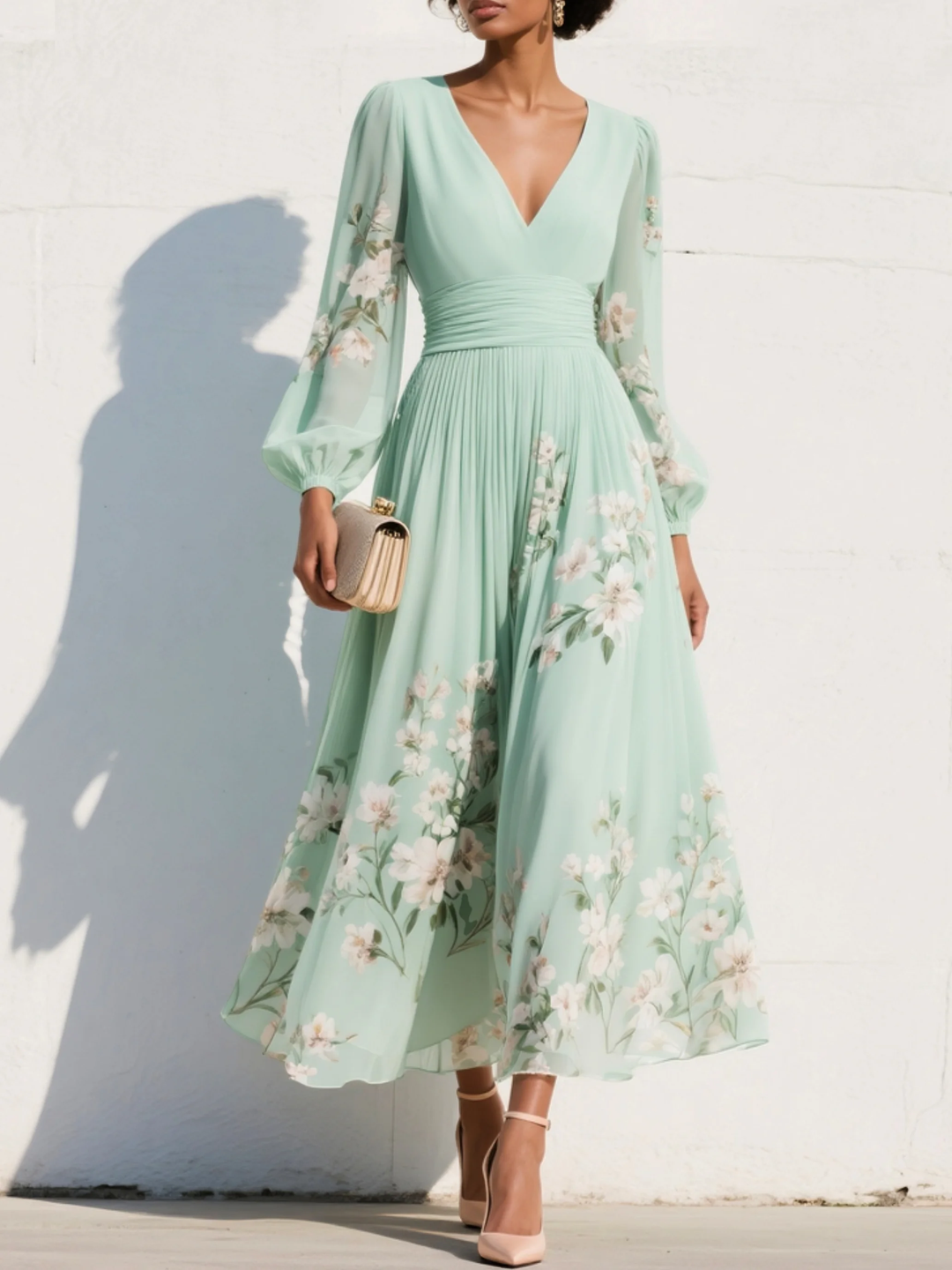 Celeste – Vestido midi floral de manga larga