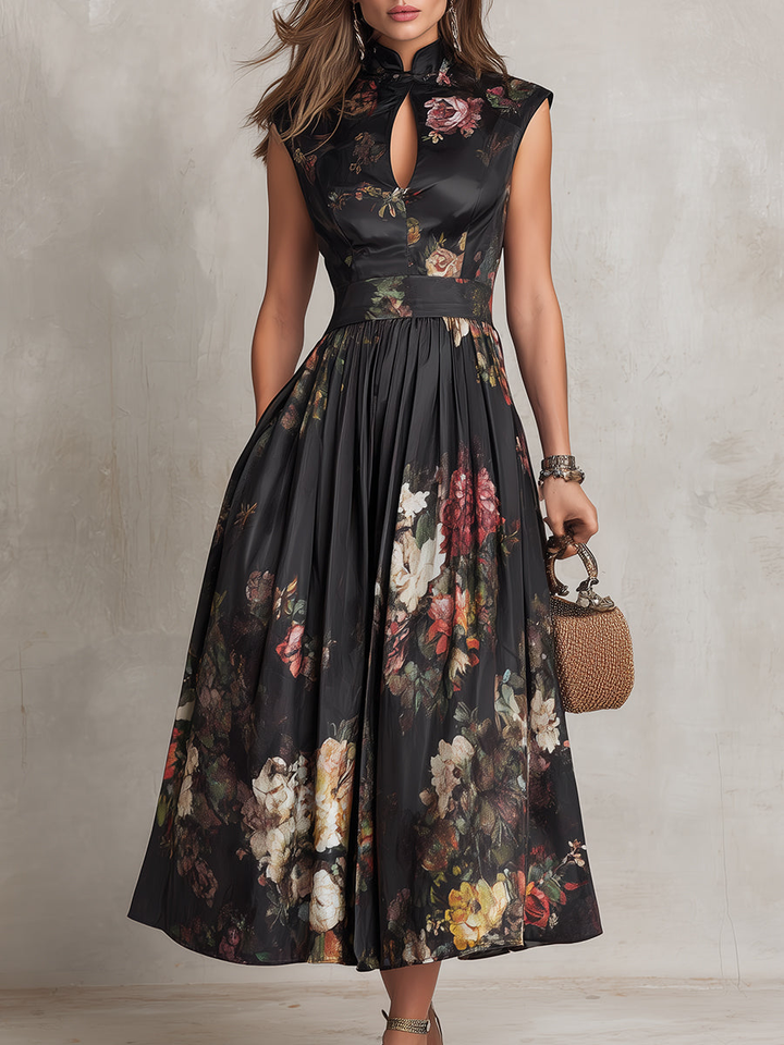 Estefanía – Vestido midi elegante negro con estampado floral