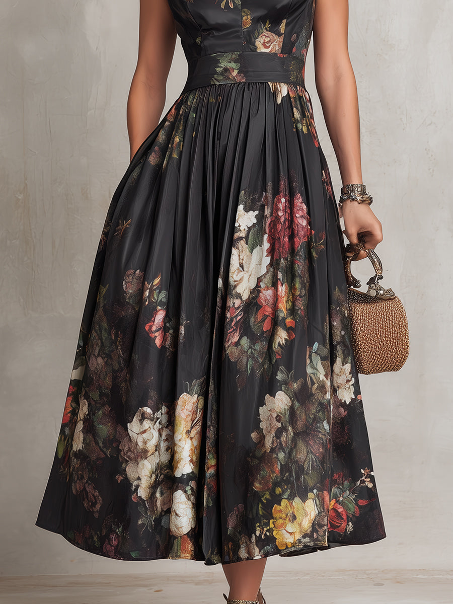 Estefanía – Vestido midi elegante negro con estampado floral