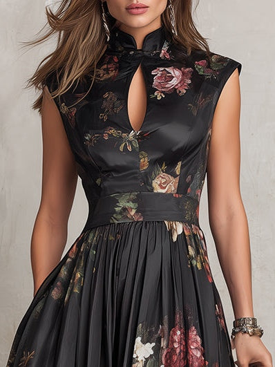Estefanía – Vestido midi elegante negro con estampado floral