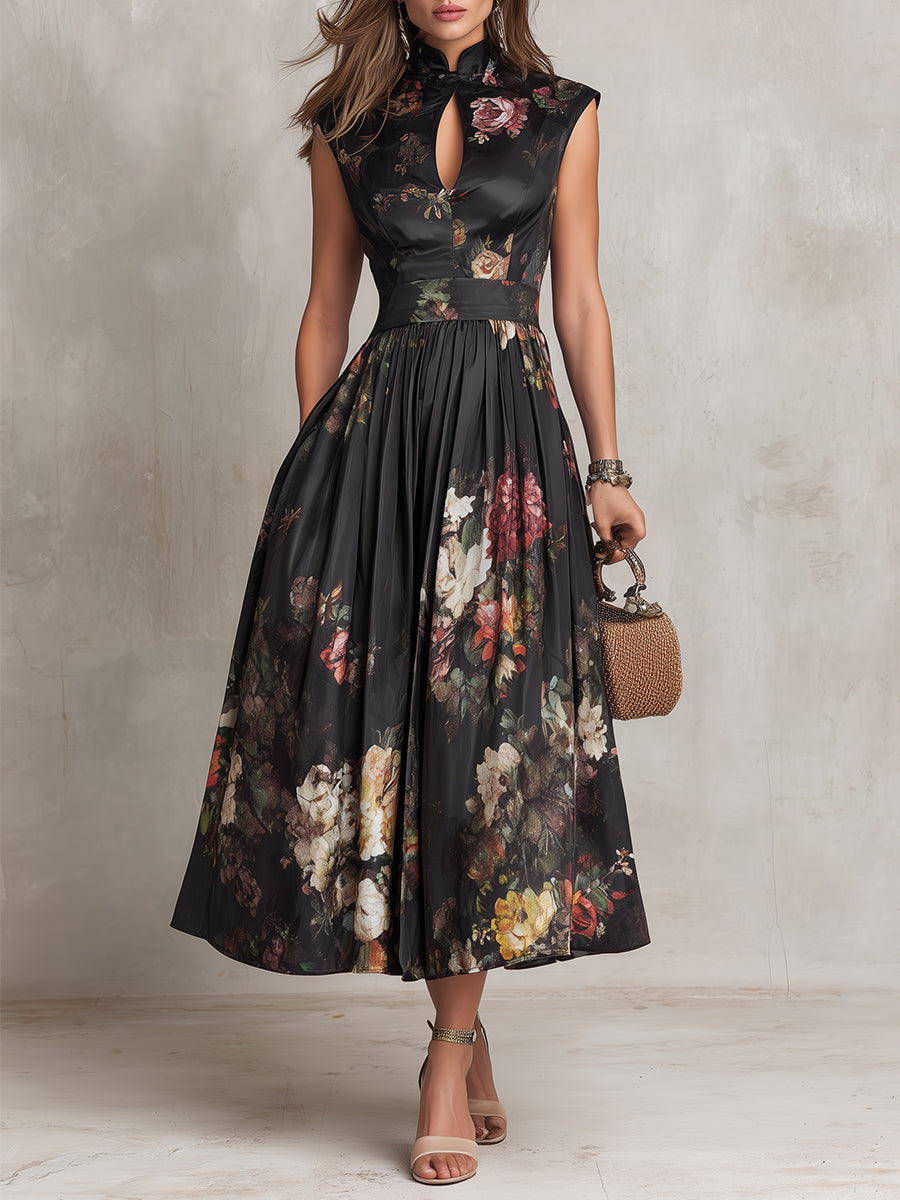 Estefanía – Vestido midi elegante negro con estampado floral