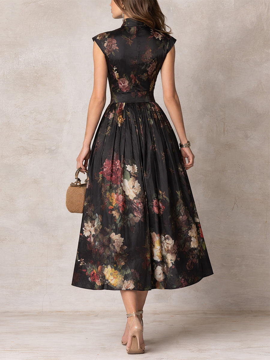 Estefanía – Vestido midi elegante negro con estampado floral