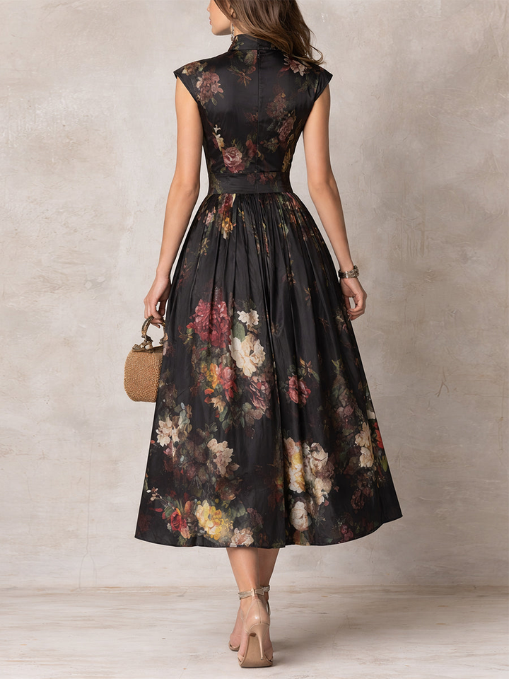 Estefanía – Vestido midi elegante negro con estampado floral