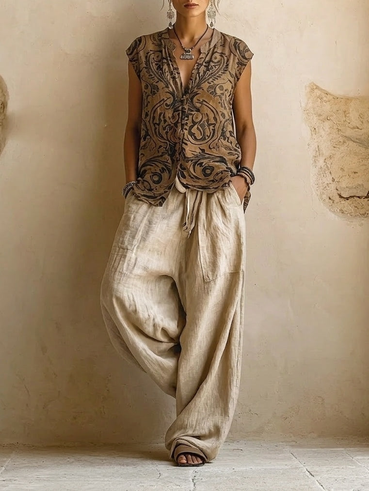 Elena – Conjunto 3 piezas pantalón palazzo estampado étnico