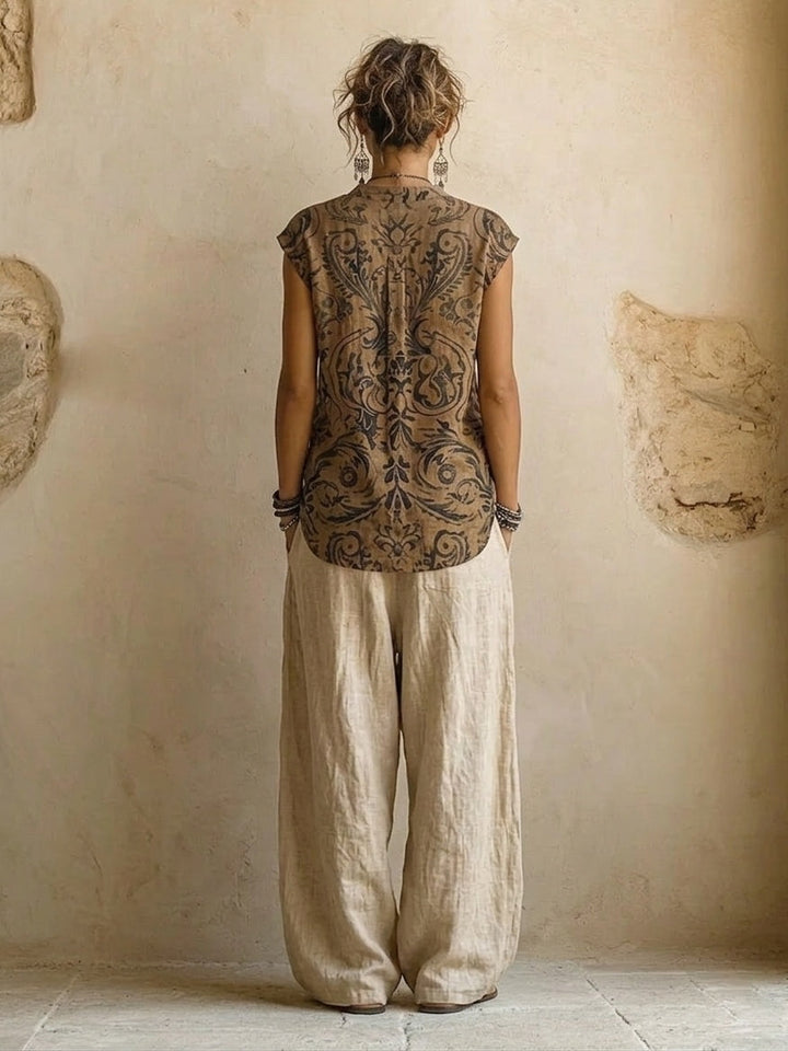 Elena – Conjunto 3 piezas pantalón palazzo estampado étnico