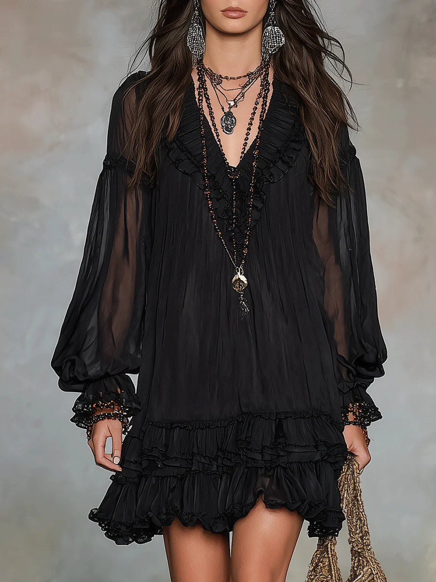 Patricia – Vestido corto negro elegante con escote en V y mangas amplias