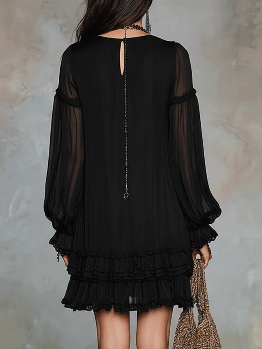 Patricia – Vestido corto negro elegante con escote en V y mangas amplias