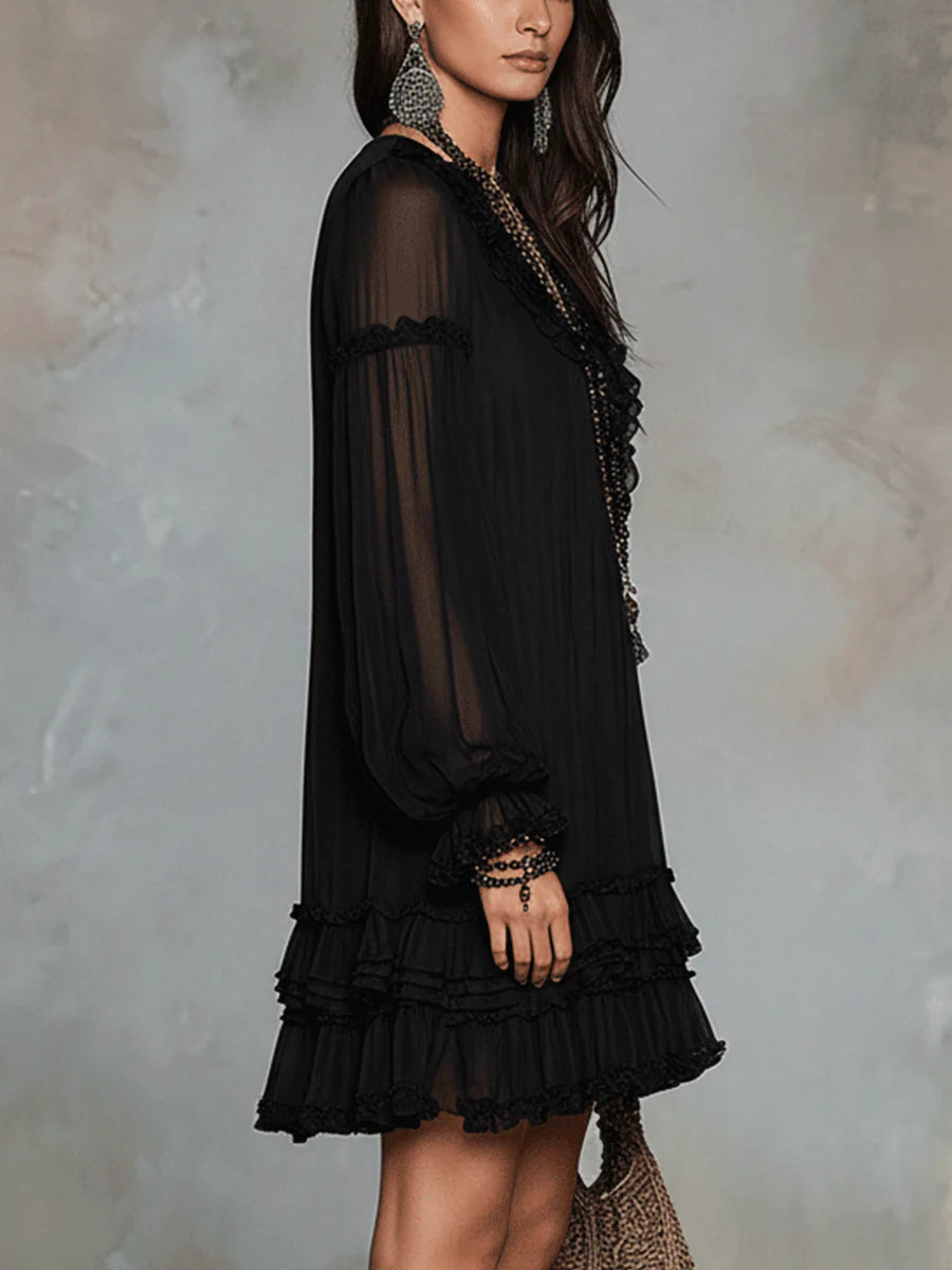 Patricia – Vestido corto negro elegante con escote en V y mangas amplias