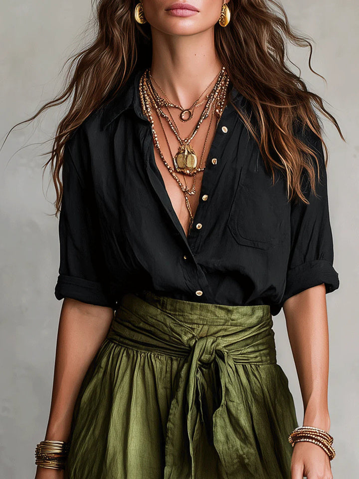 Vera – Conjunto elegante de dos piezas: camiseta negra y falda midi verde oliva