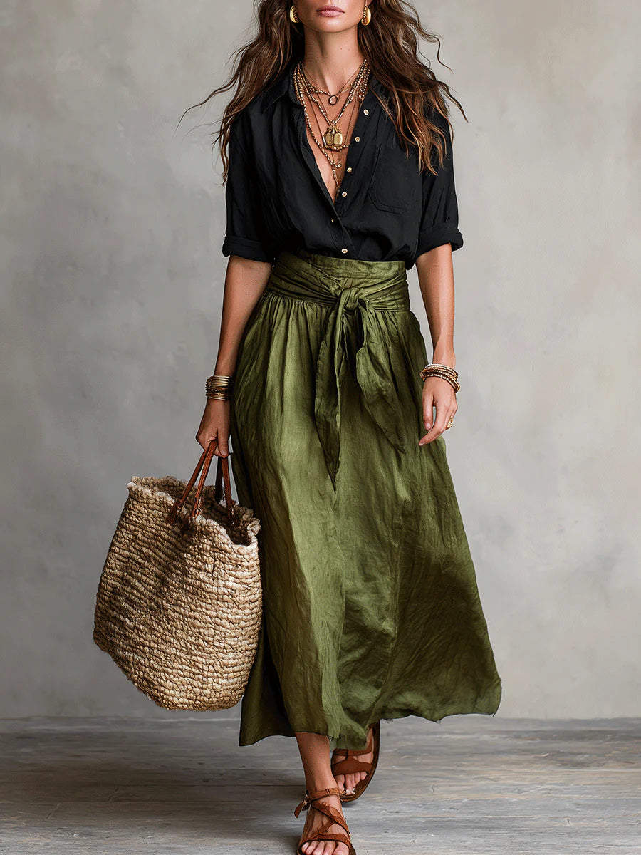 Vera – Conjunto elegante de dos piezas: camiseta negra y falda midi verde oliva