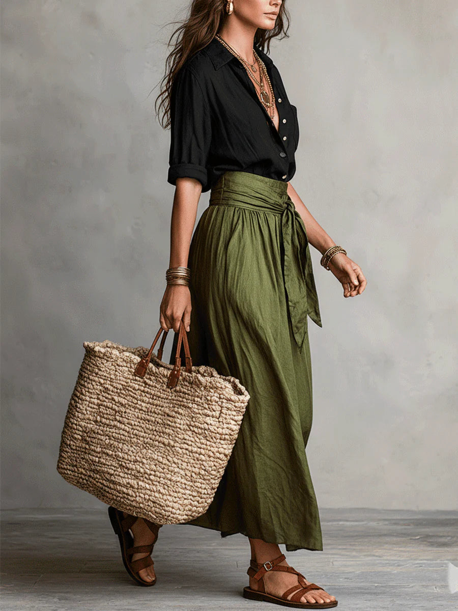 Vera – Conjunto elegante de dos piezas: camiseta negra y falda midi verde oliva