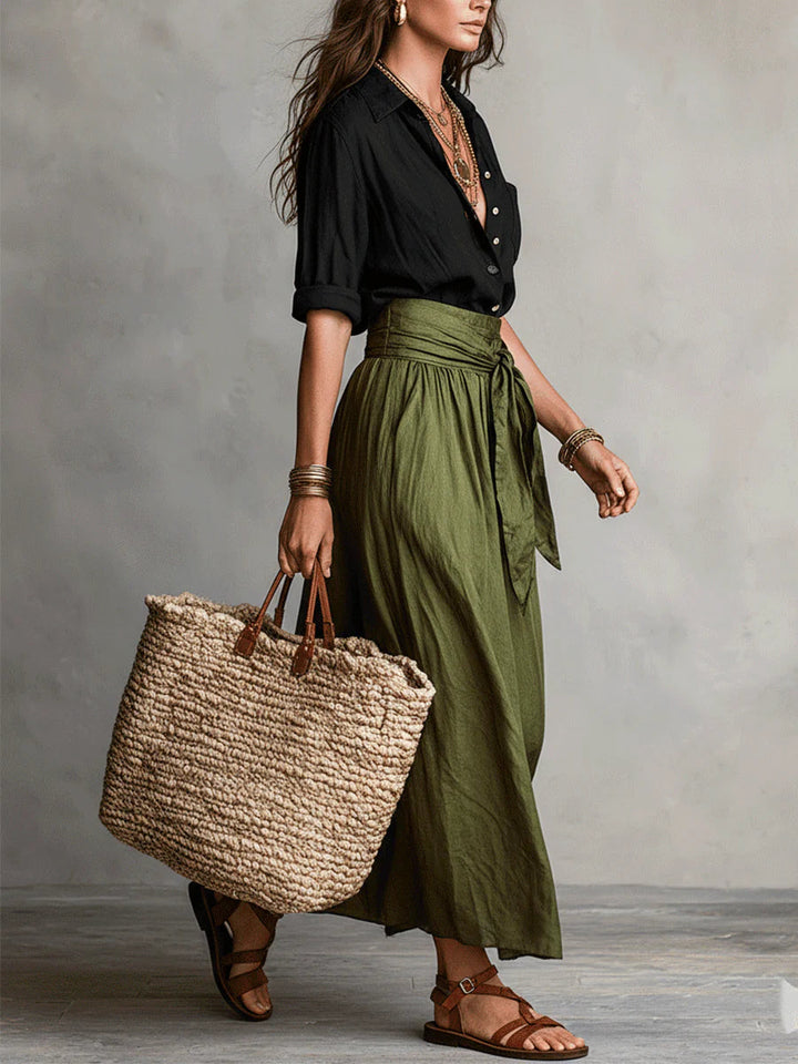 Vera – Conjunto elegante de dos piezas: camiseta negra y falda midi verde oliva
