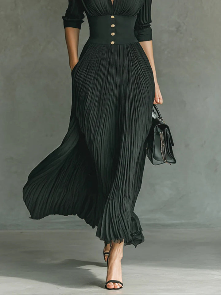 Elvira – Vestido largo plisado con solapa y cintura elegante