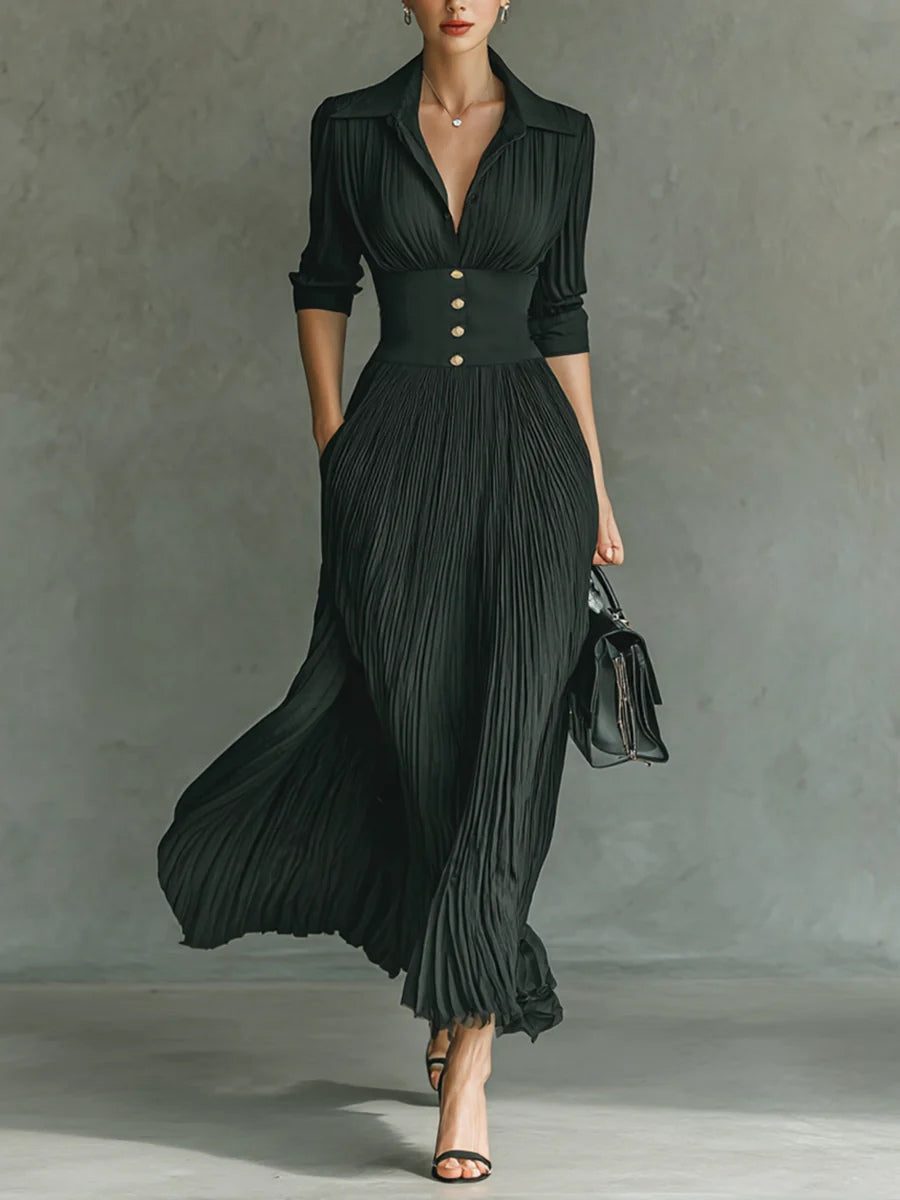 Elvira – Vestido largo plisado con solapa y cintura elegante