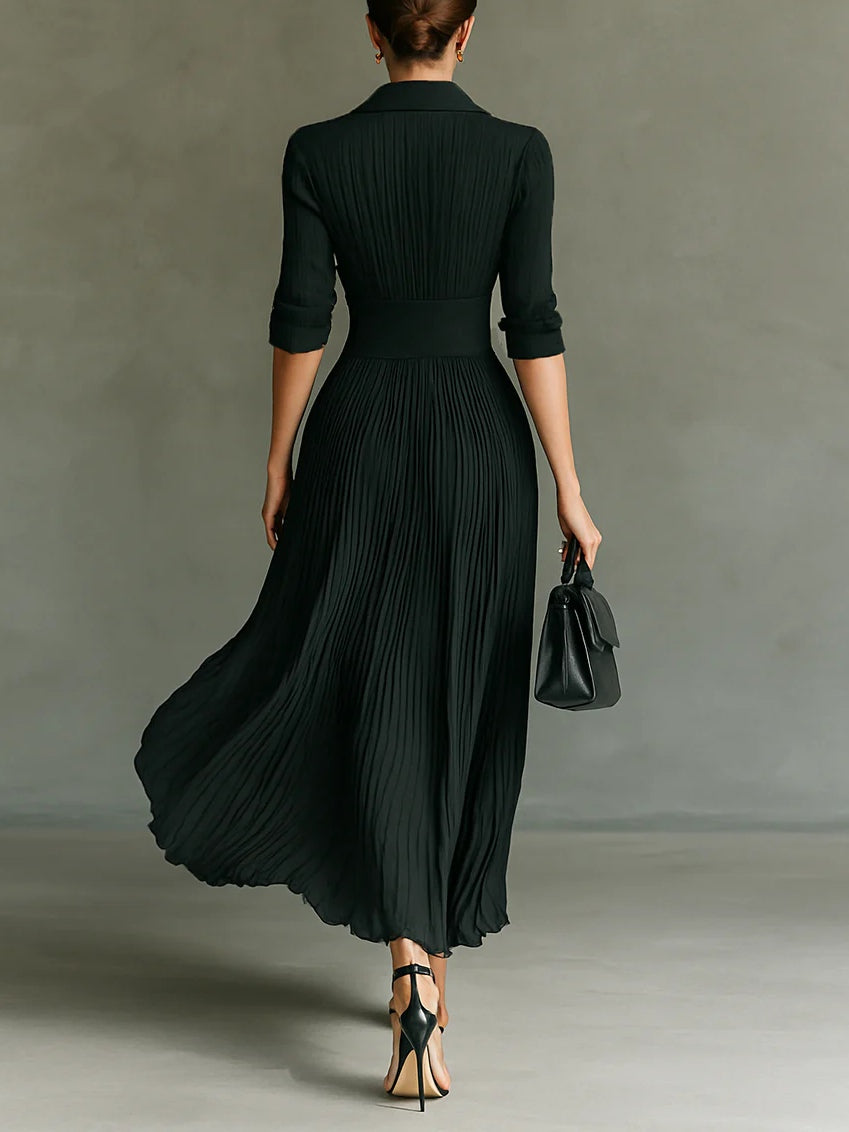 Elvira – Vestido largo plisado con solapa y cintura elegante