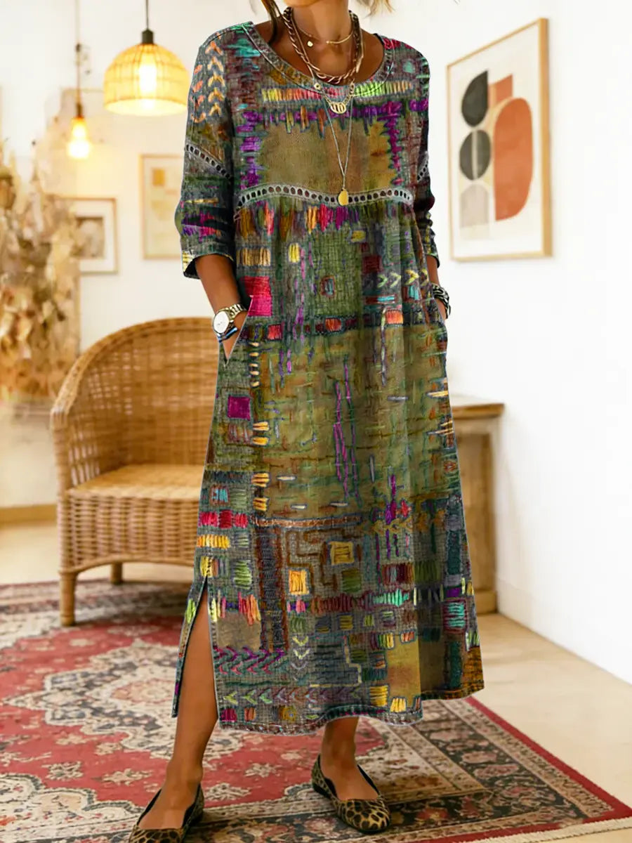 Isabelle – Vestido boho multicolor patchwork étnico