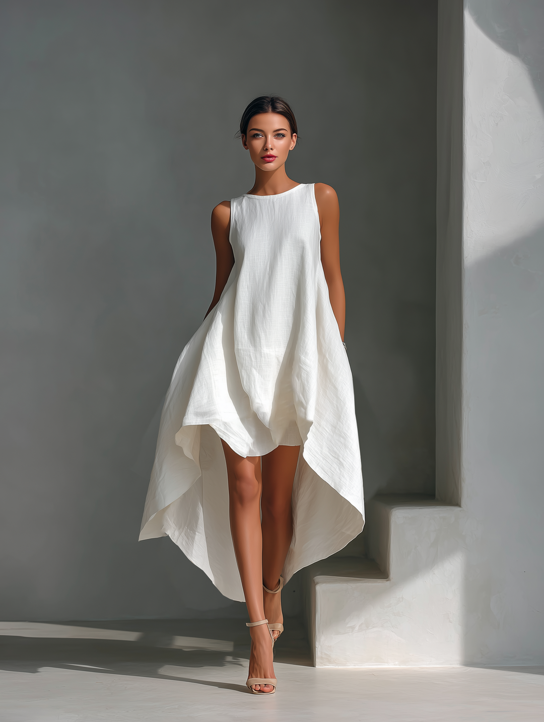 Elena – Vestido midi blanco con corte asimétrico elegante