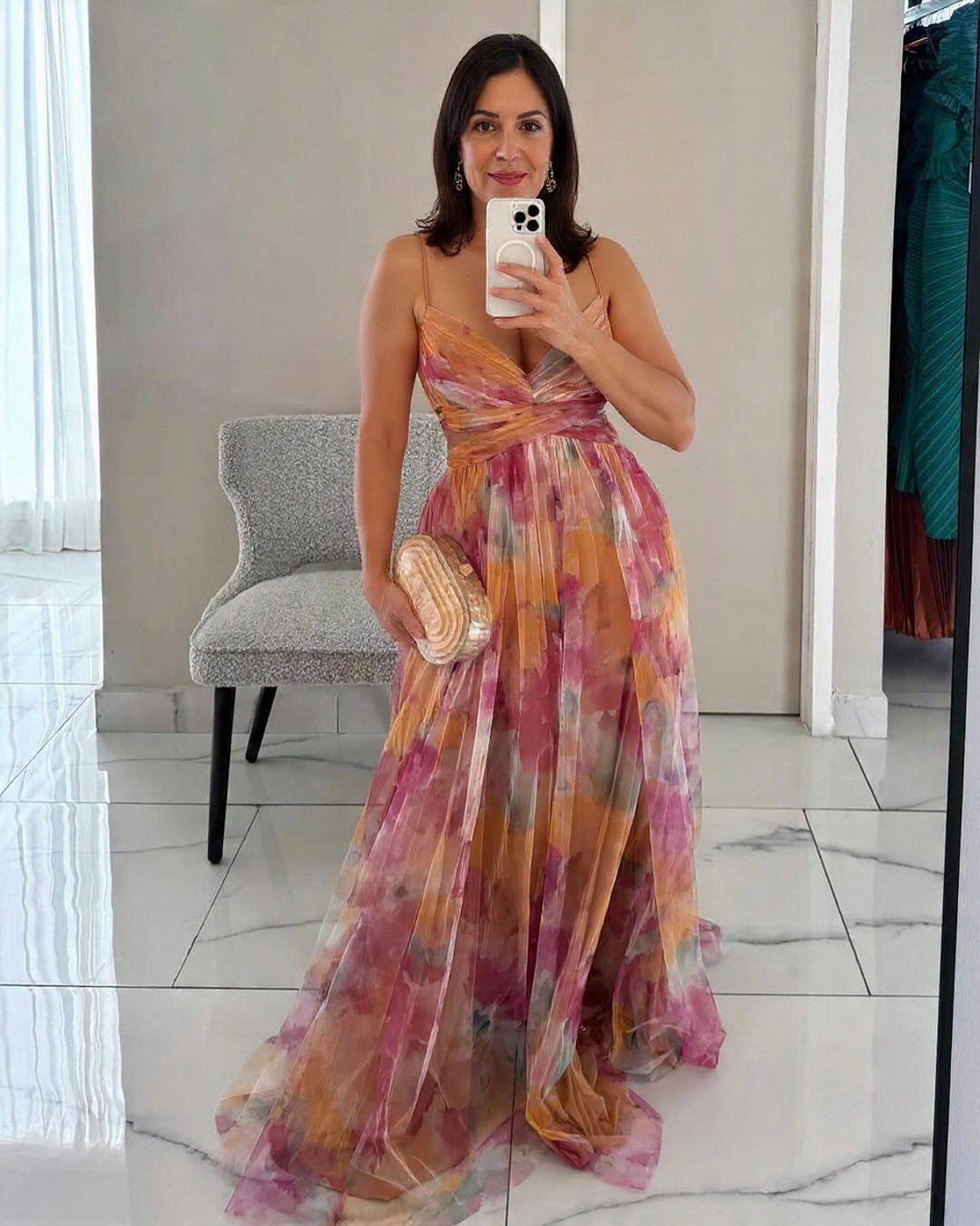 Claudia – Vestido largo floral con escote en V y drapeado en cintura