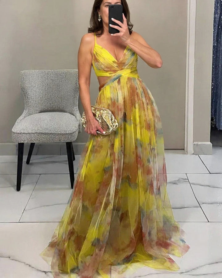 Claudia – Vestido largo floral con escote en V y drapeado en cintura
