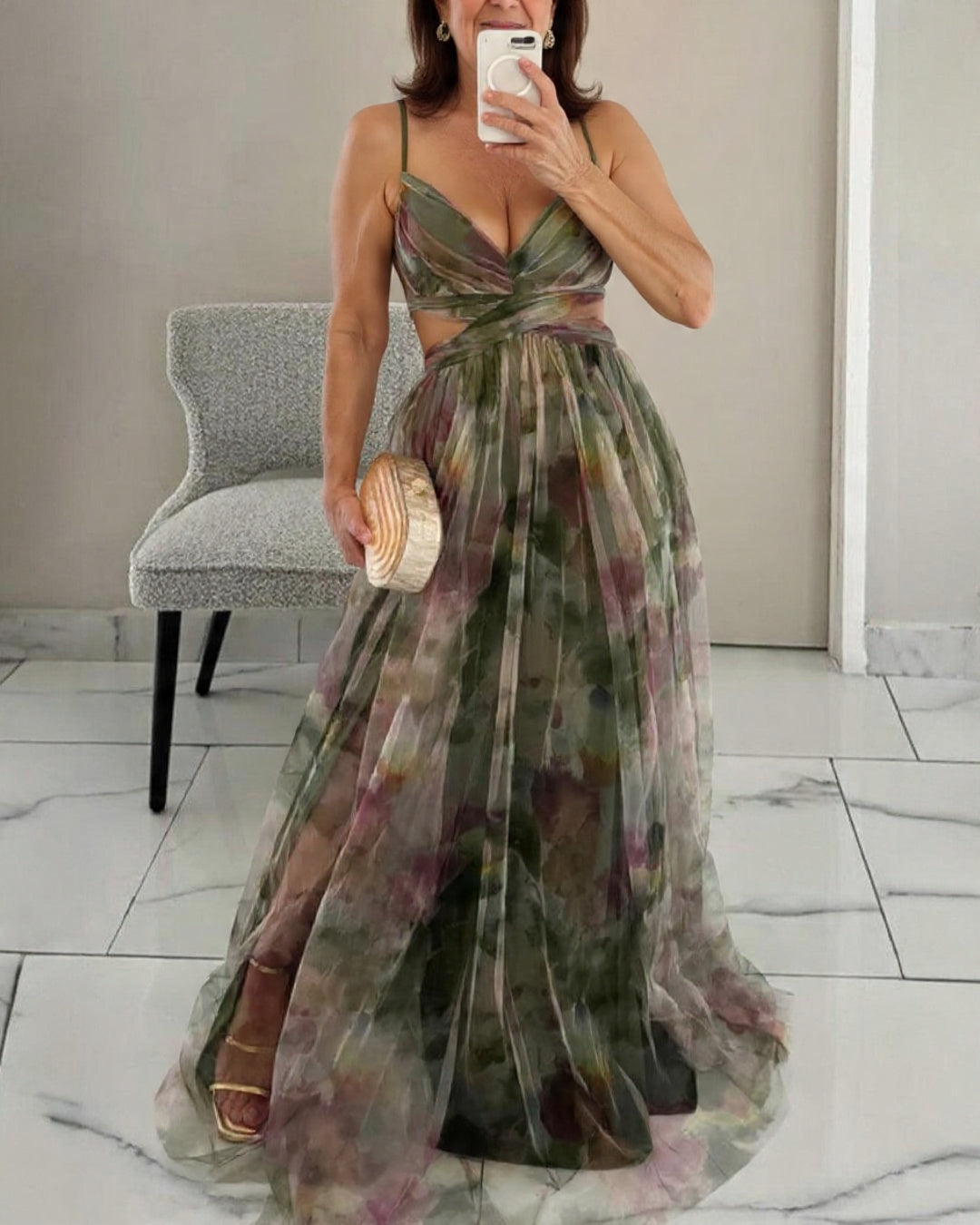 Claudia – Vestido largo floral con escote en V y drapeado en cintura