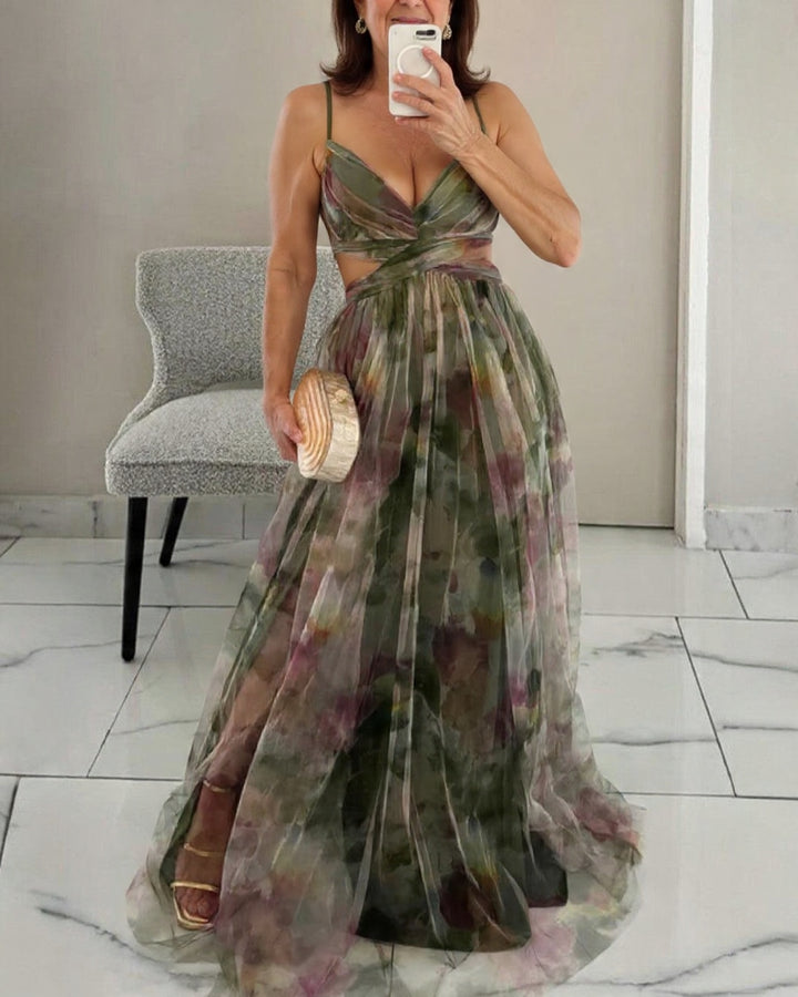 Claudia – Vestido largo floral con escote en V y drapeado en cintura