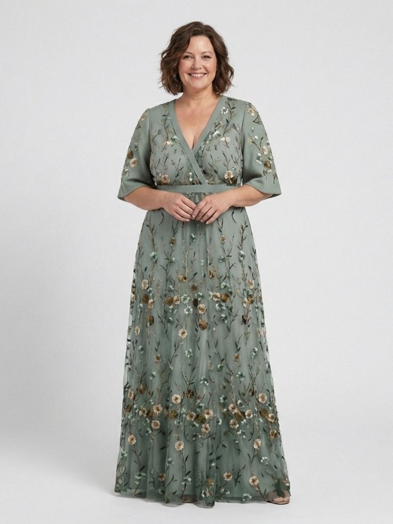 Evadne – Vestido maxi floral de manga corta con escote en V