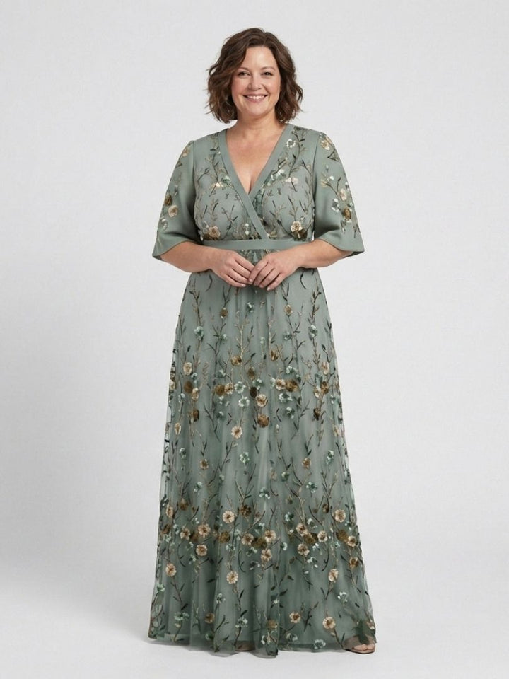 Evadne – Vestido maxi floral de manga corta con escote en V