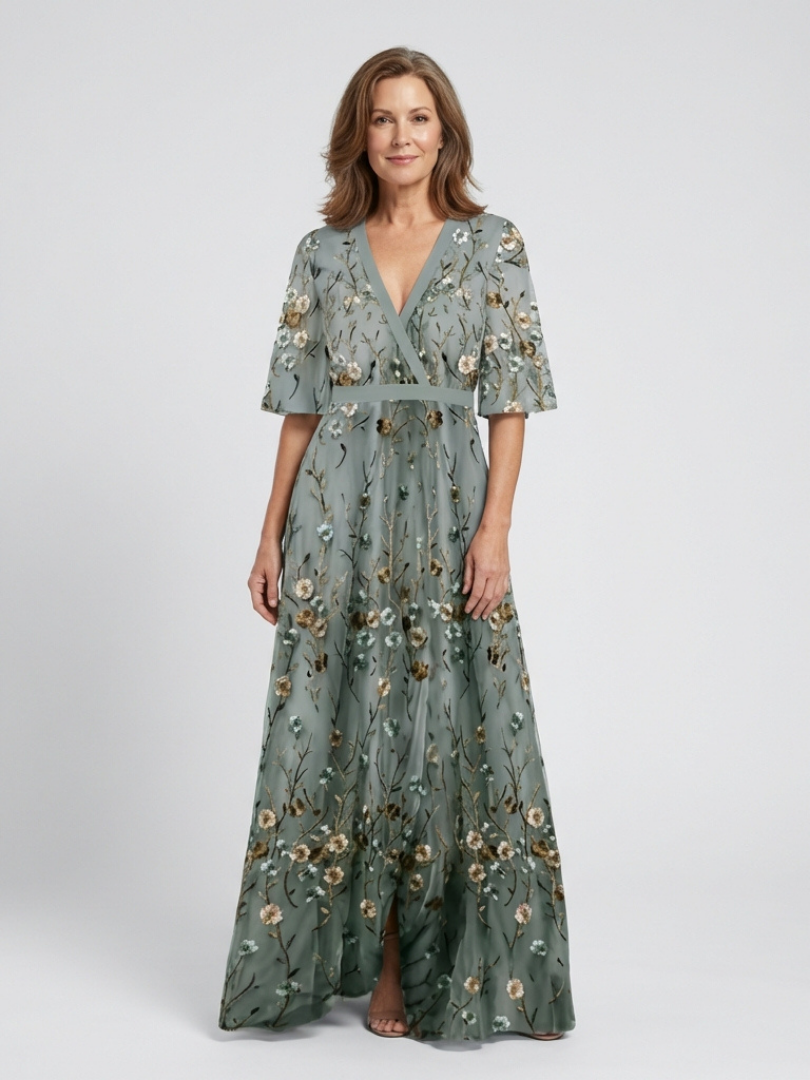 Evadne – Vestido maxi floral de manga corta con escote en V