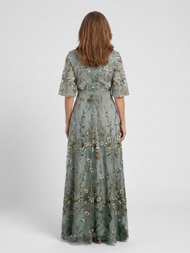 Evadne – Vestido maxi floral de manga corta con escote en V