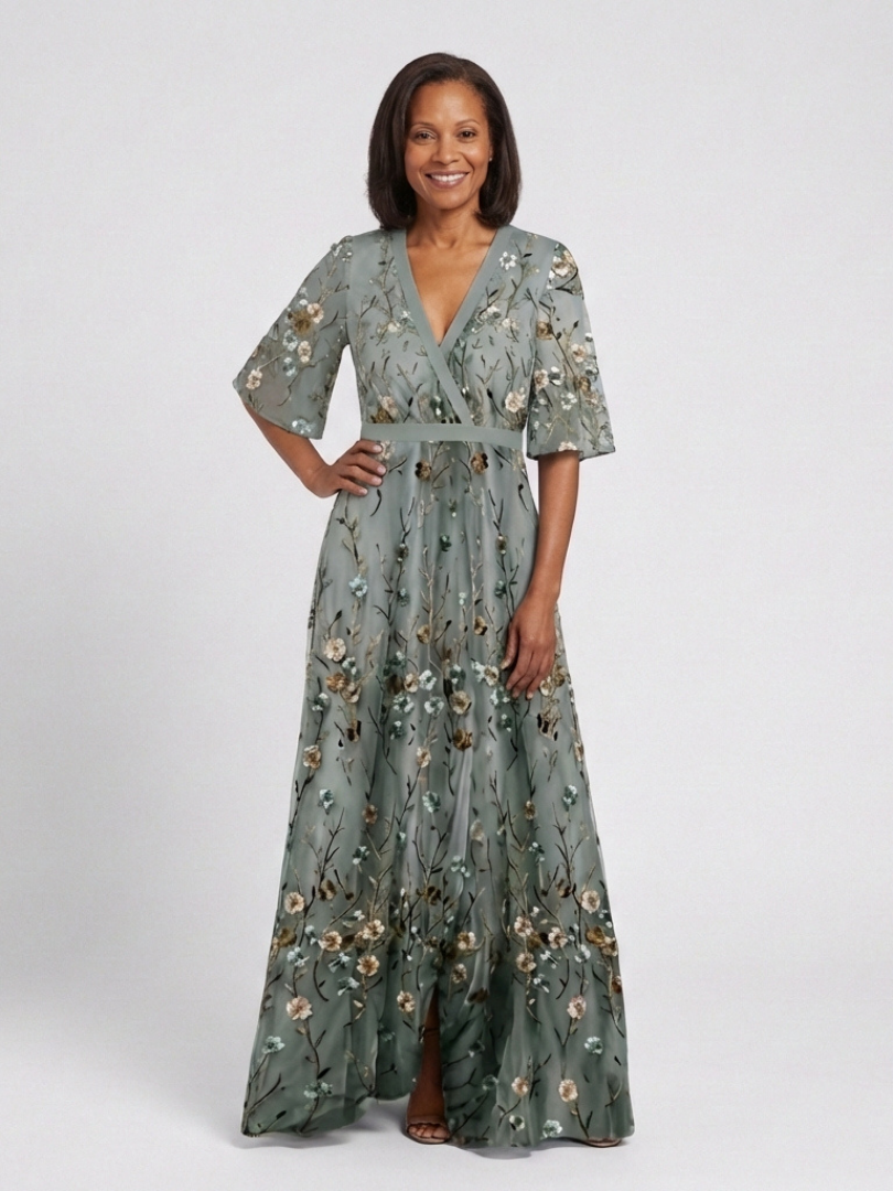 Evadne – Vestido maxi floral de manga corta con escote en V
