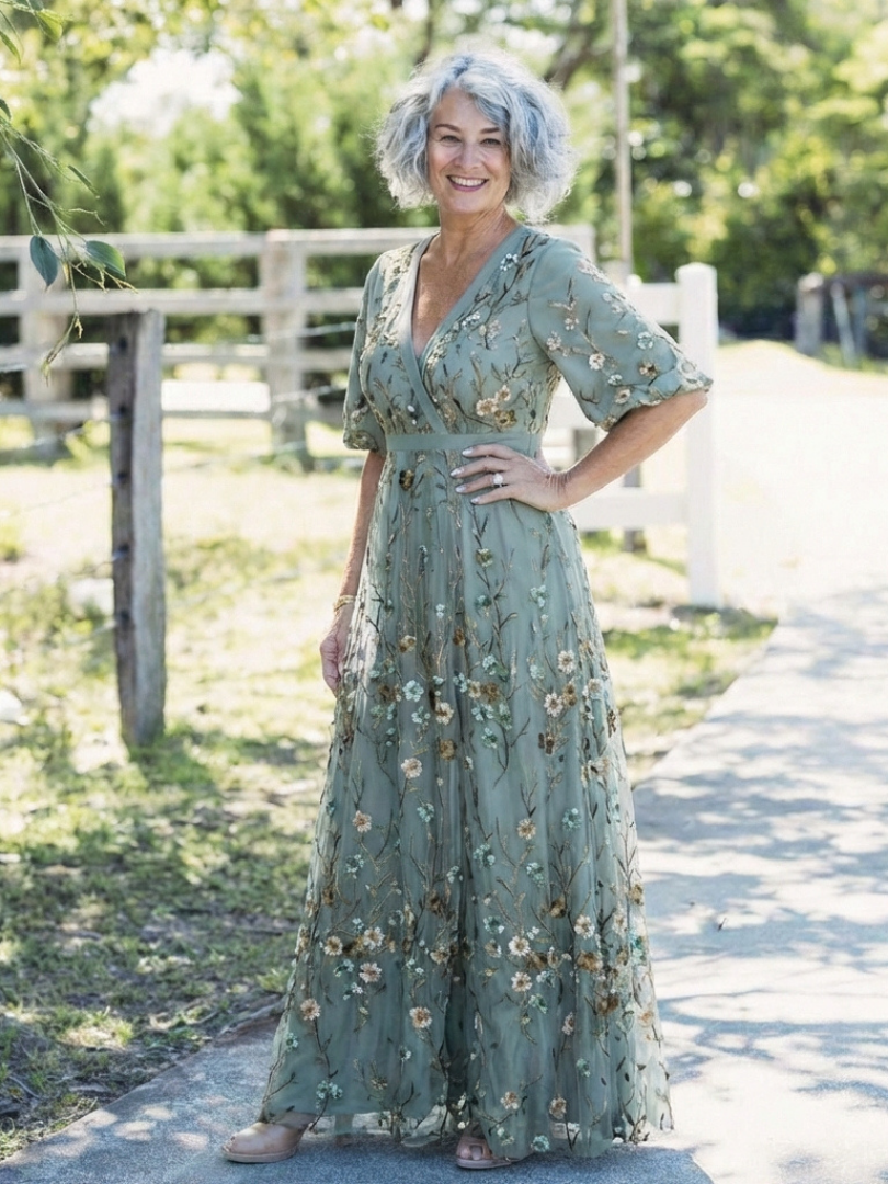 Evadne – Vestido maxi floral de manga corta con escote en V