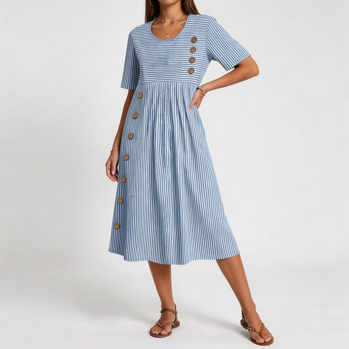 Sofía – Vestido midi rayas verticales con bolsillos