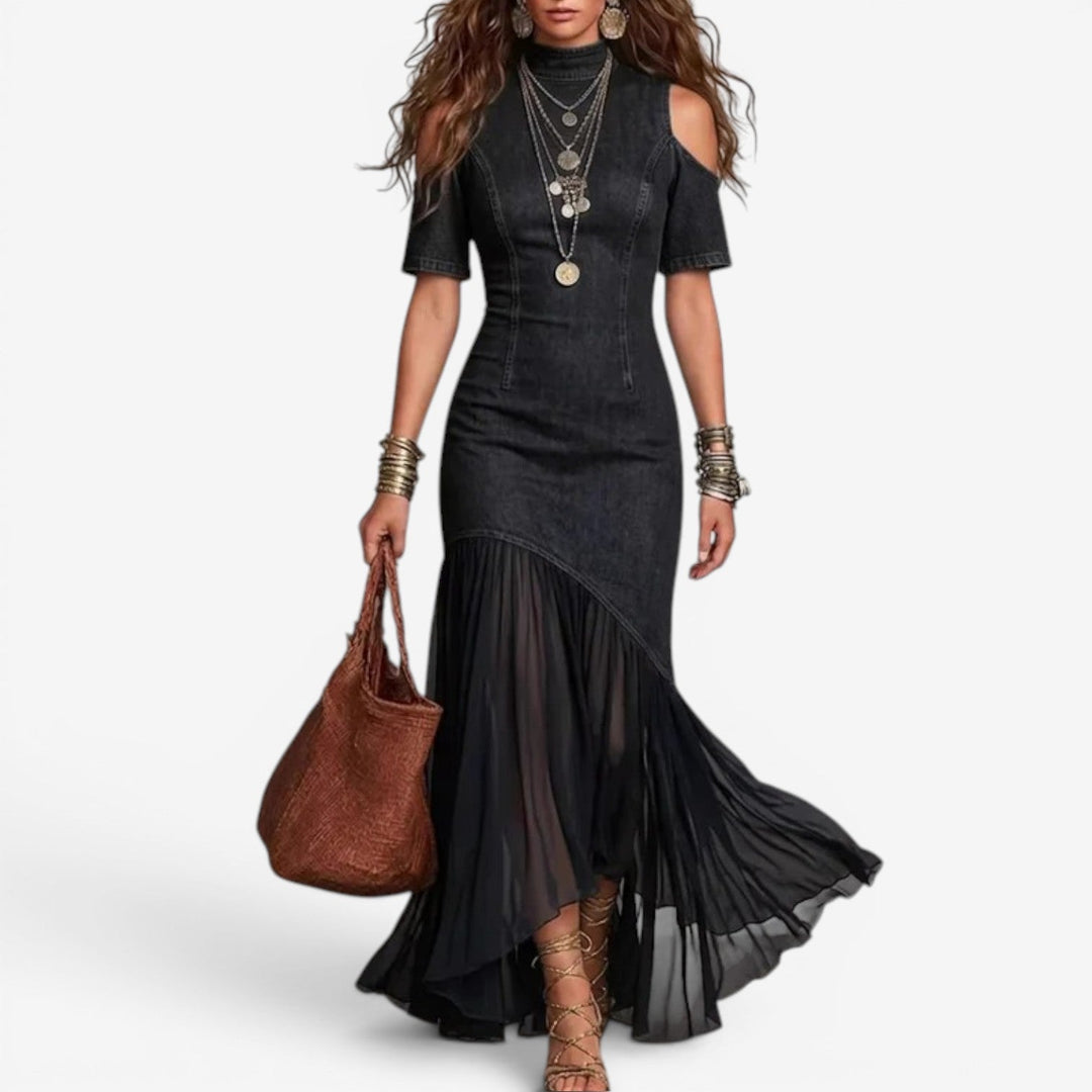 Kimberley – Vestido largo denim hombros descubiertos