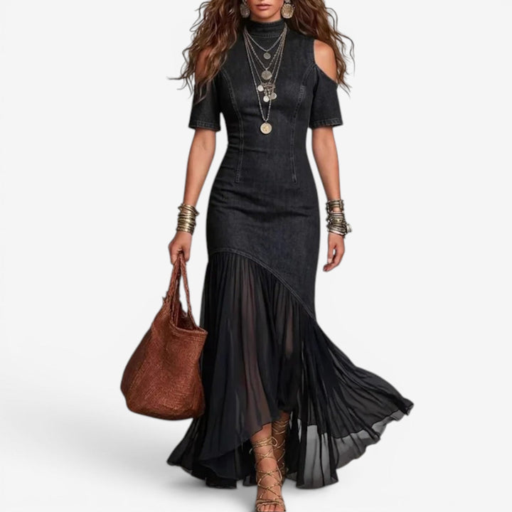Kimberley – Vestido largo denim hombros descubiertos