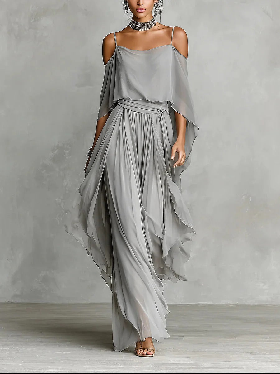 Isabela – Conjunto elegante gris con top de tirantes y pantalón ligero