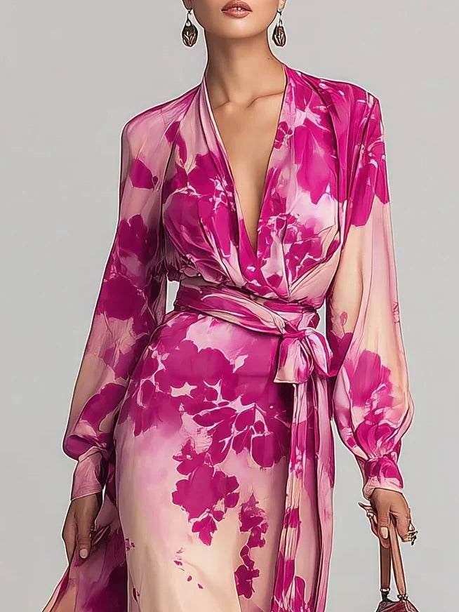 Ariadna – Vestido largo floral rojo con escote en V y cintura elegante