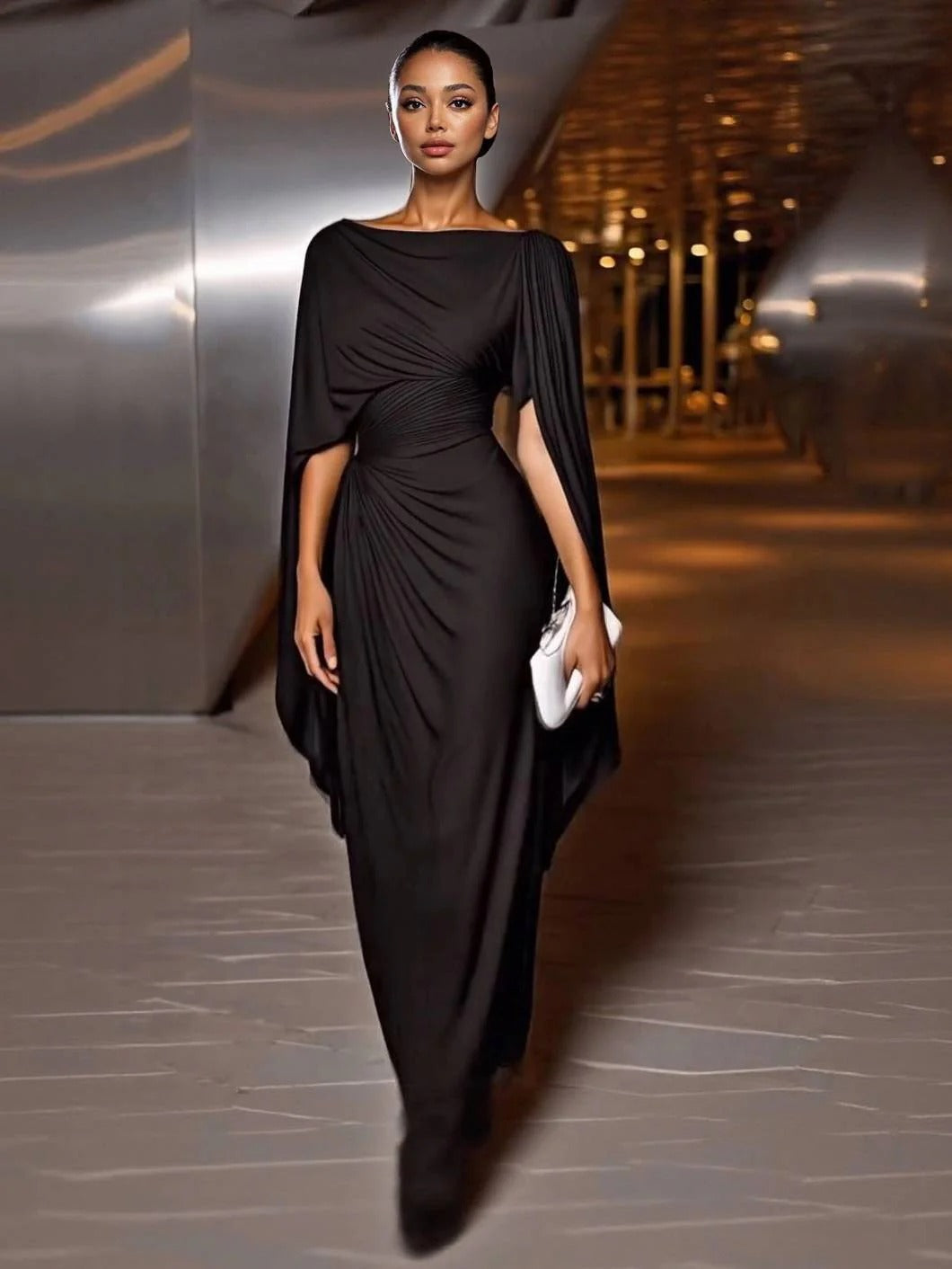 Amelia – Vestido largo elegante con mangas tipo capa drapeadas
