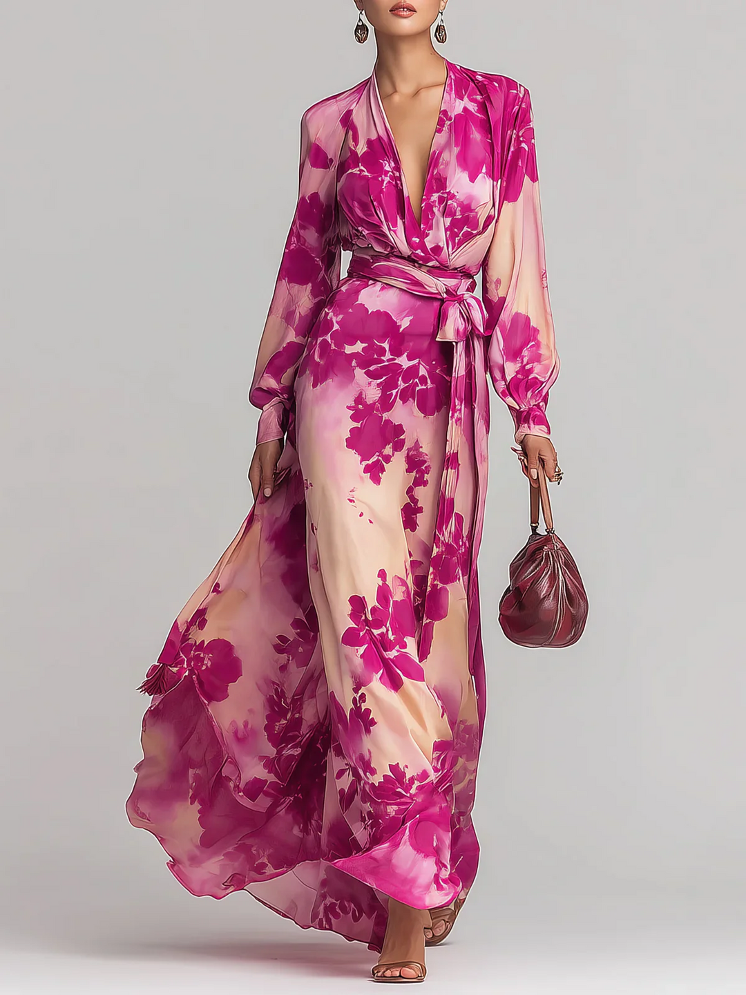 Ariadna – Vestido largo floral rojo con escote en V y cintura elegante