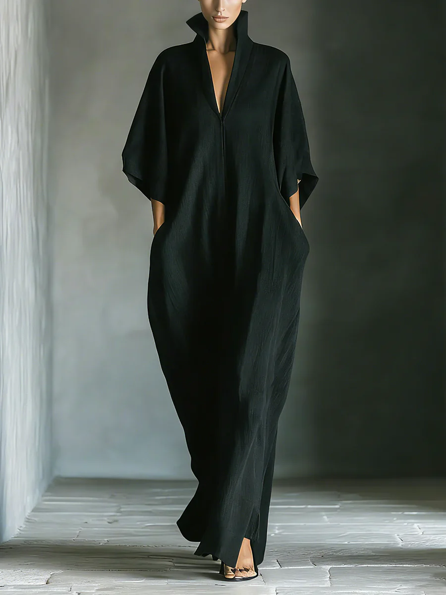 Alejandra – Vestido largo negro oversize elegante con mangas kimono