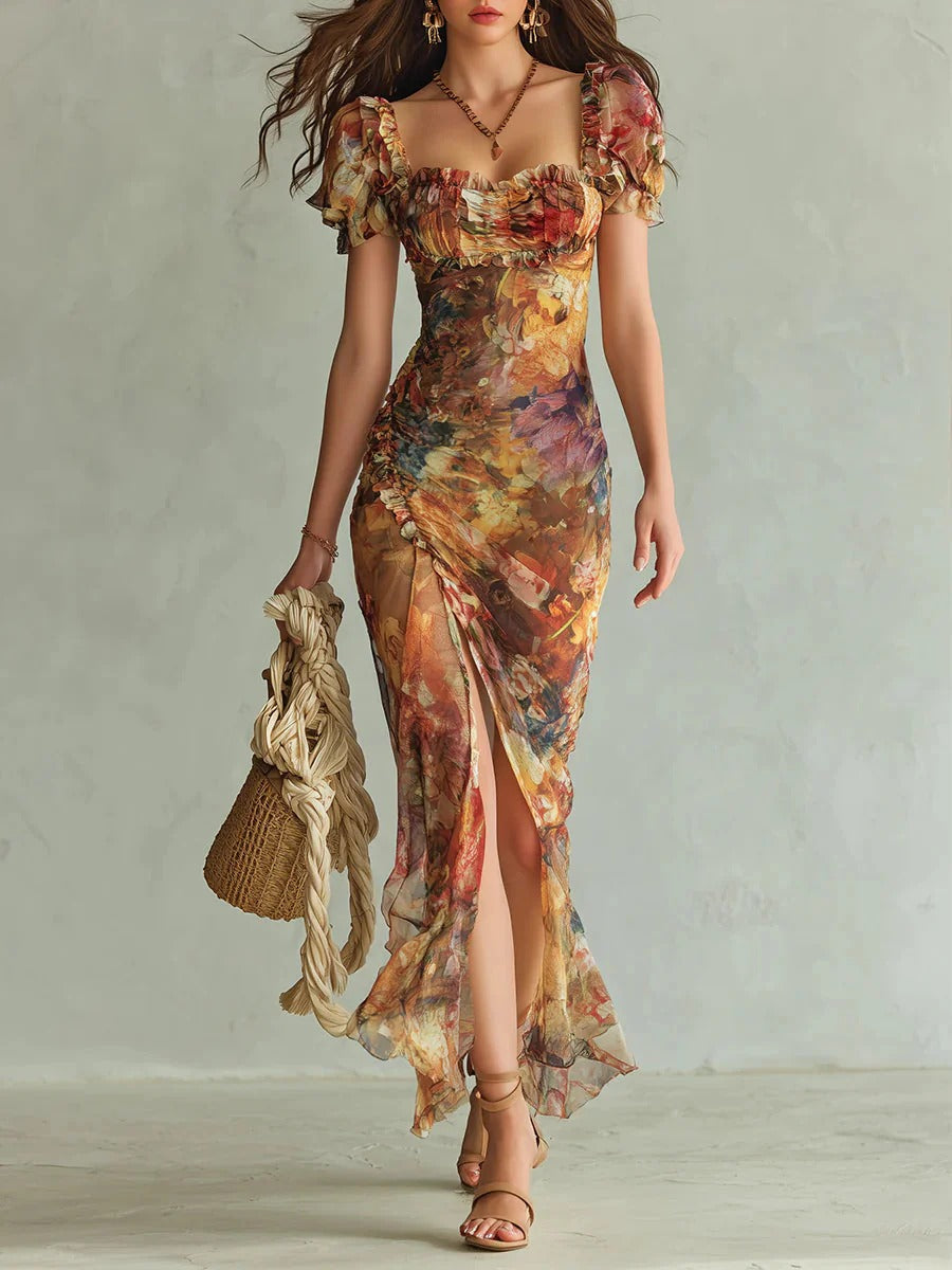 Clara – Vestido largo elegante naranja con estampado artístico bohemio