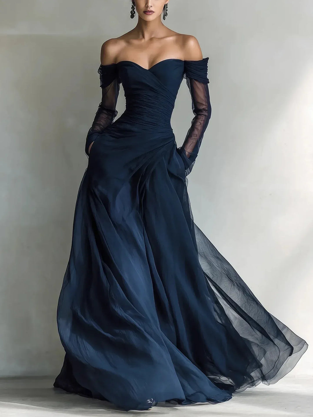 Teresa – Vestido largo con hombros descubiertos y detalles elegantes