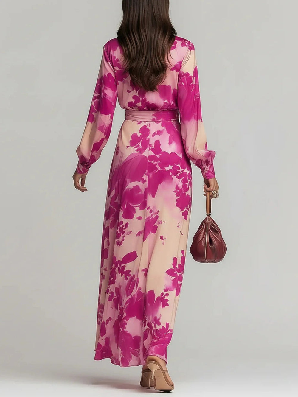 Ariadna – Vestido largo floral rojo con escote en V y cintura elegante