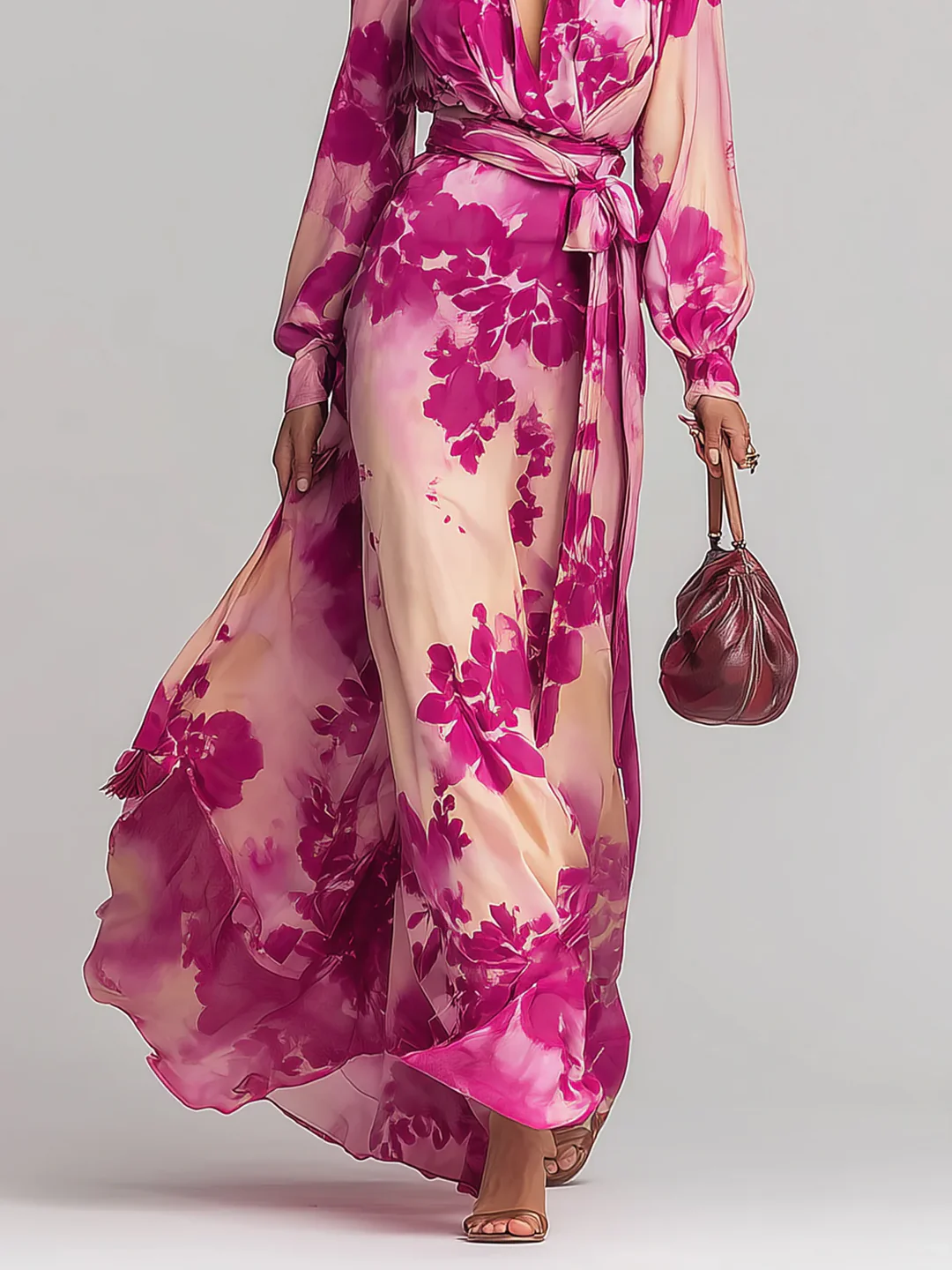 Ariadna – Vestido largo floral rojo con escote en V y cintura elegante