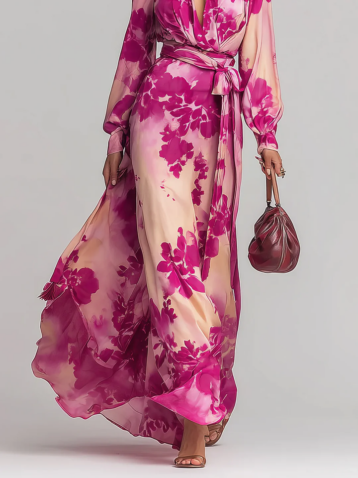 Ariadna – Vestido largo floral rojo con escote en V y cintura elegante