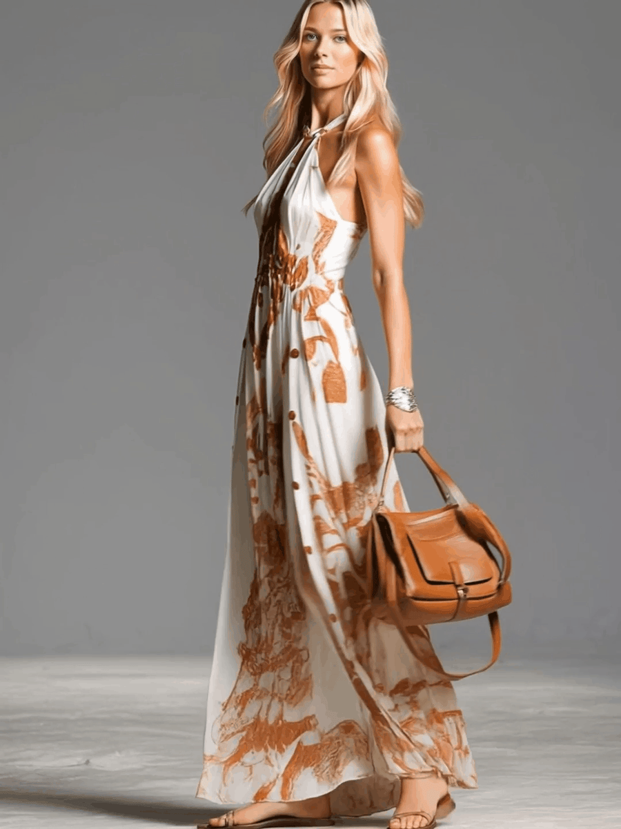 Bea – Vestido largo bohemio elegante con escote halter y abertura