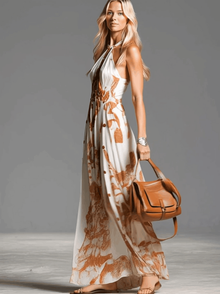 Bea – Vestido largo bohemio elegante con escote halter y abertura